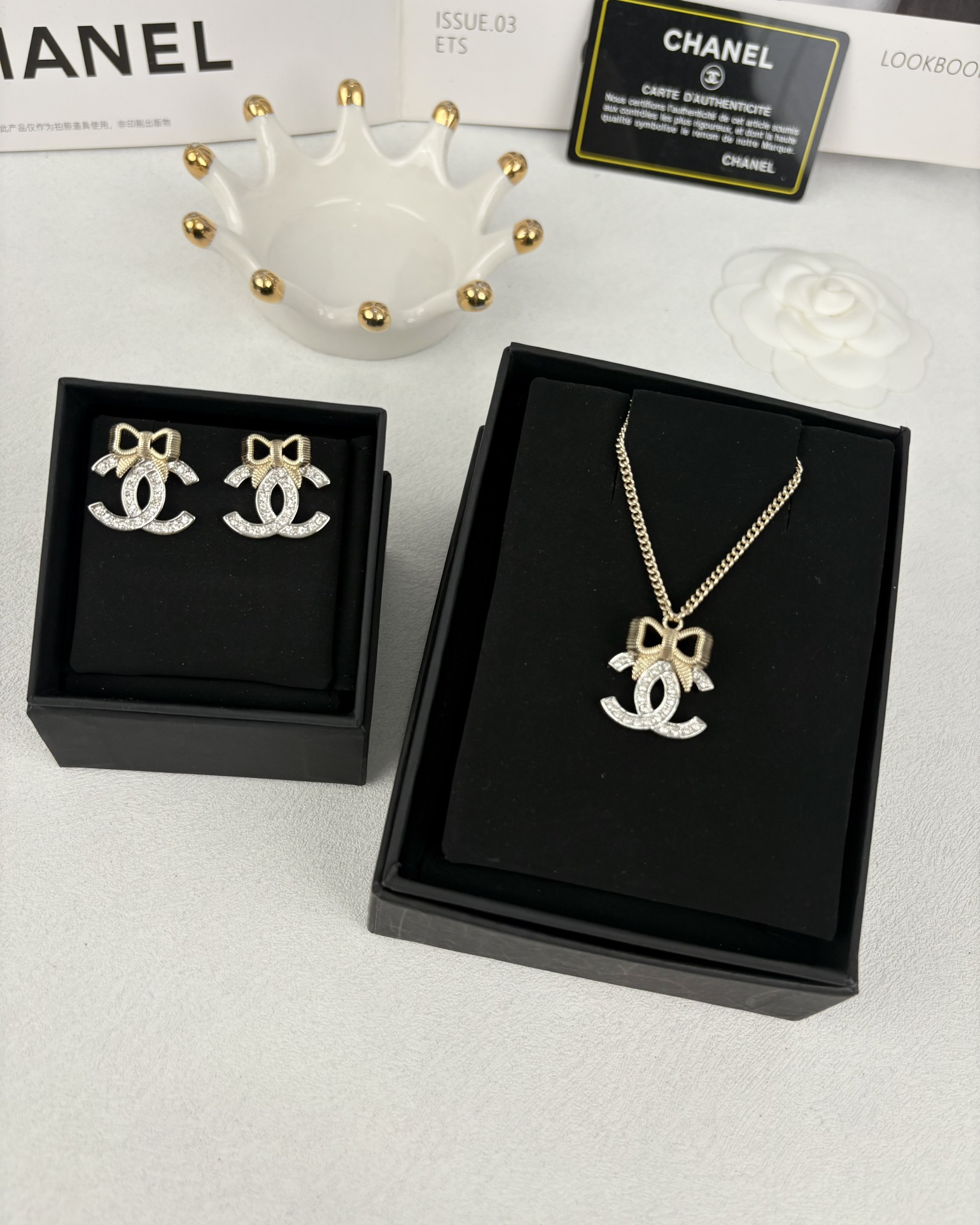 Chanel Light Gold Bow Mixed Silver CC Brooch Earrings Necklace - Best Replica Jewelry™