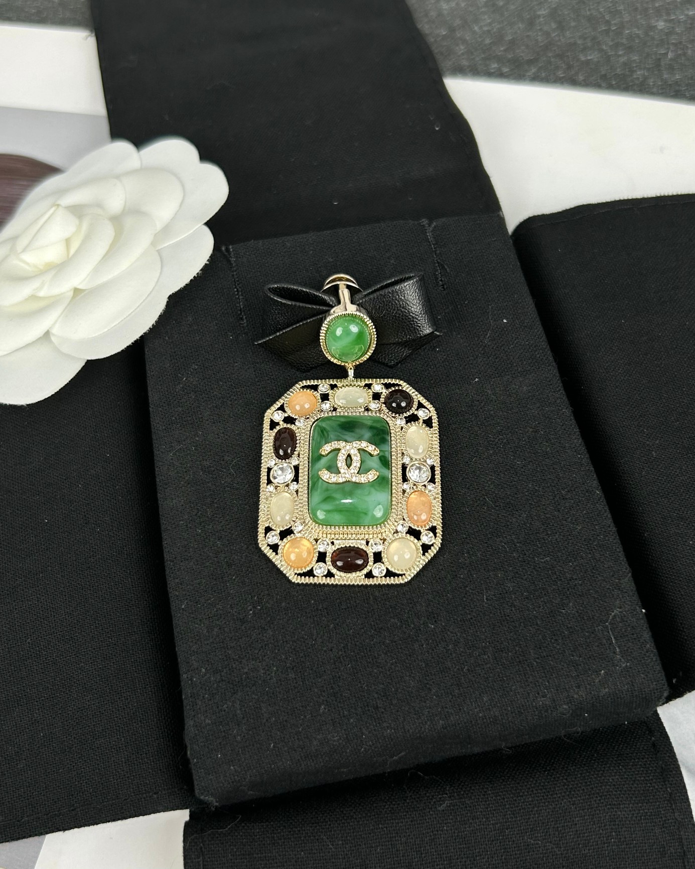 Chanel Leather Bow Multigem Emerald Brooch - Best Replica Jewelry™