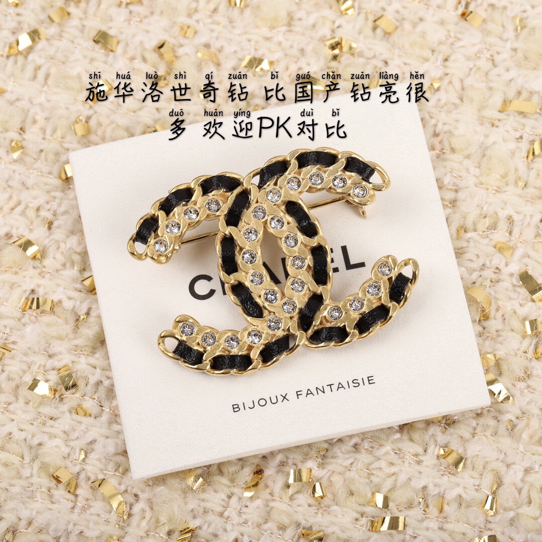 Chanel Leather Woven Diamond Paved Gold Brooch - Best Replica Jewelry™