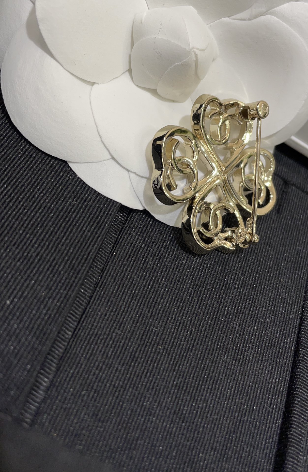 Chanel Light Gold Hollow Clover Brooch - Best Replica Jewelry™