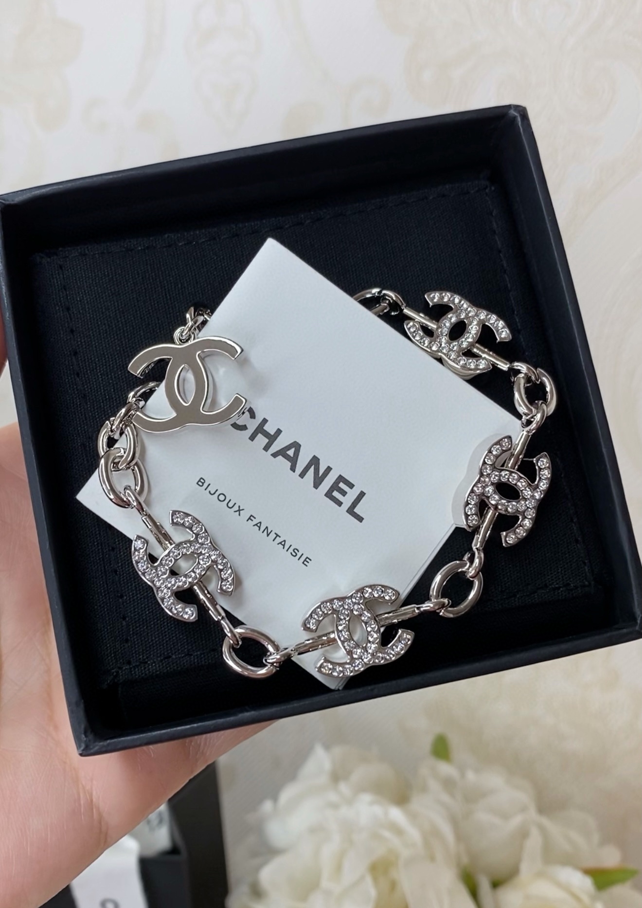 Chanel Hollow CC Chain Rhinestone Silver Bracelet - Best Replica Jewelry™