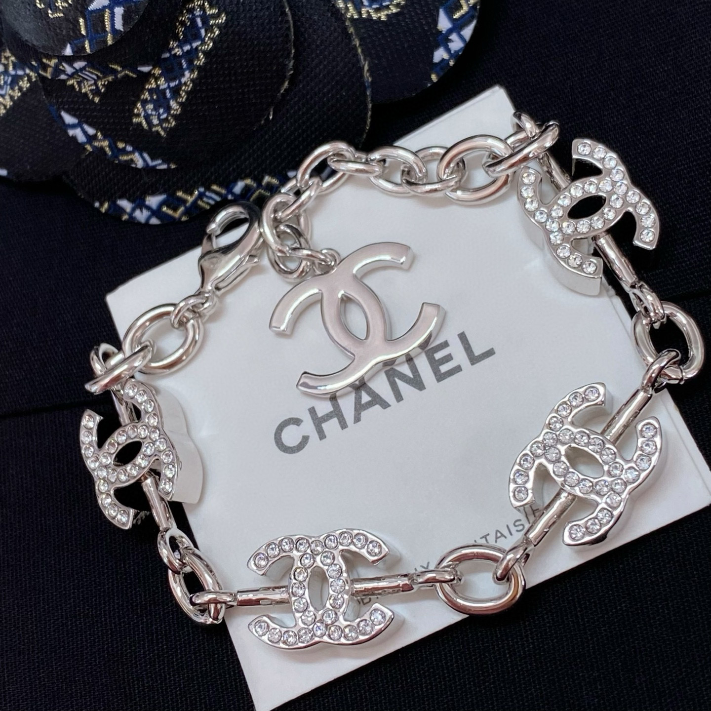 Chanel Hollow CC Chain Rhinestone Silver Bracelet - Best Replica Jewelry™
