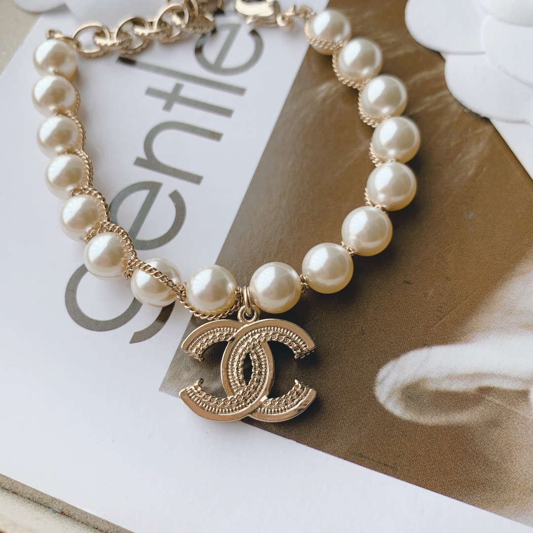 Chanel Light Gold Chain Wrap Pearl Bracelet with CC Charm - Best Replica Jewelry™