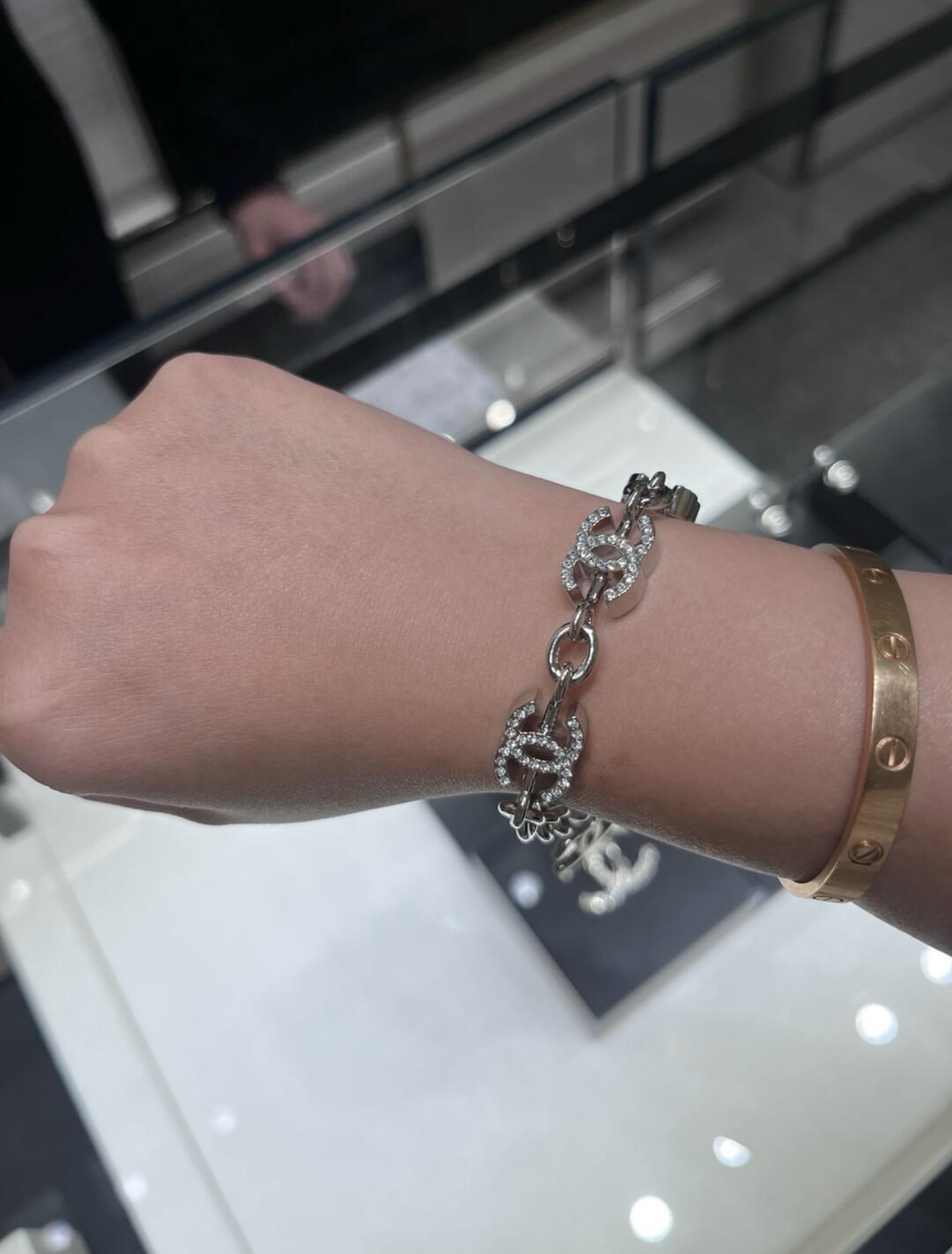 Chanel Hollow CC Chain Rhinestone Silver Bracelet - Best Replica Jewelry™