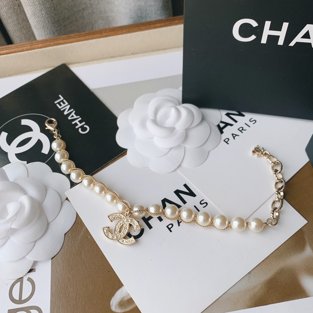 Chanel Light Gold Chain Wrap Pearl Bracelet with CC Charm - Best Replica Jewelry™