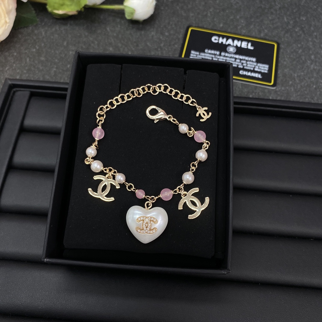 Chanel White Heart Pink Bead Bracelet Earrings - Best Replica Jewelry™