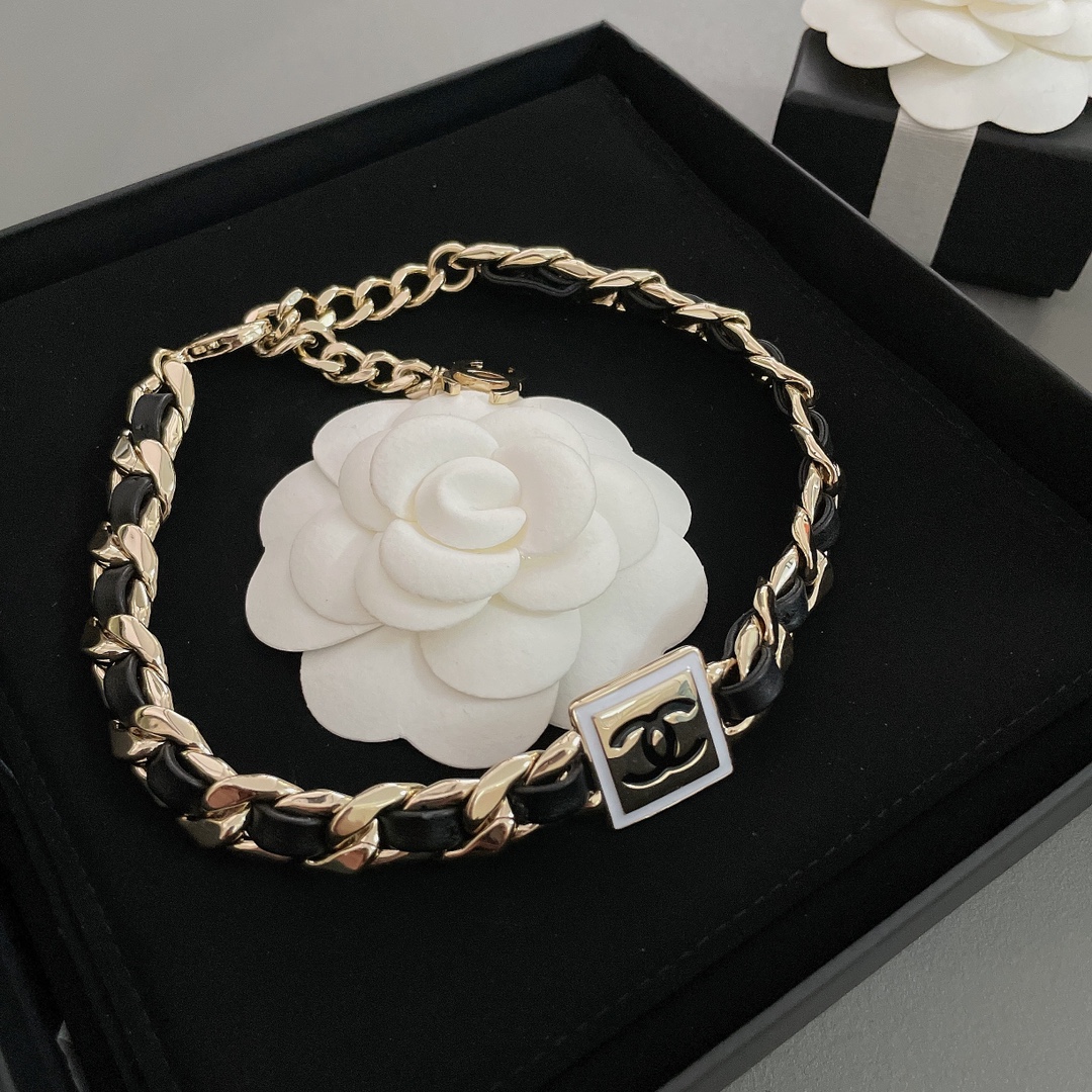 Chanel Leather Gold Chain Bracelet Choker Necklace - Best Replica Jewelry™