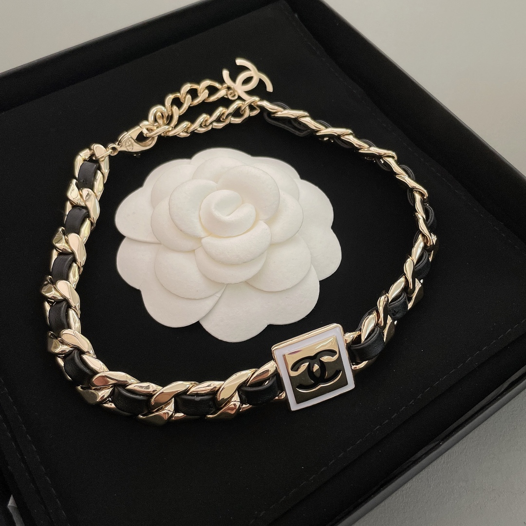 Chanel Leather Gold Chain Bracelet Choker Necklace - Best Replica Jewelry™