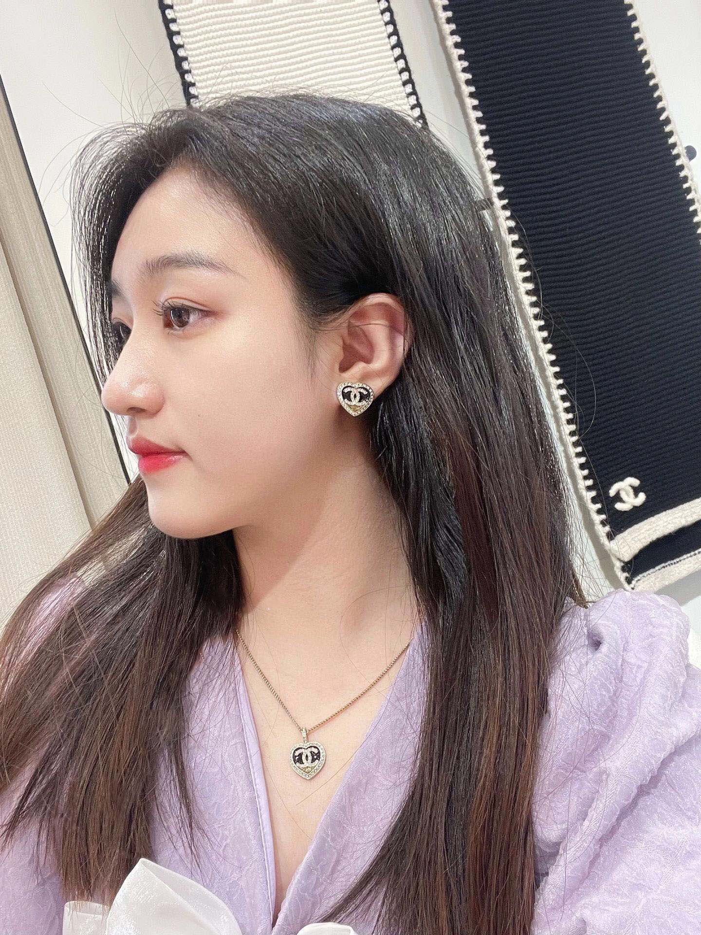 Chanel Colorblock Gold Black Heart Bracelet Earrings Necklace - Best Replica Jewelry™