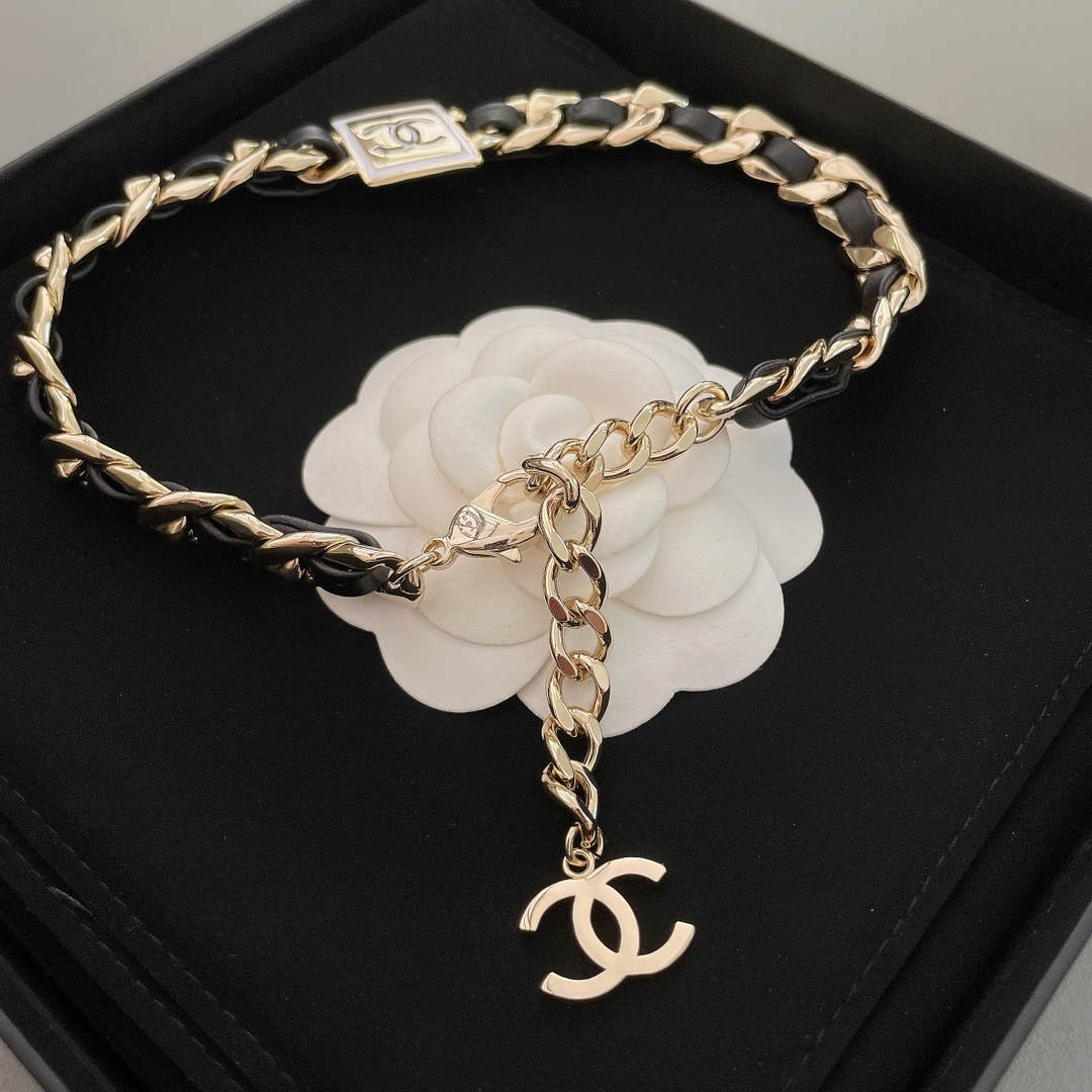 Chanel Leather Gold Chain Bracelet Choker Necklace - Best Replica Jewelry™