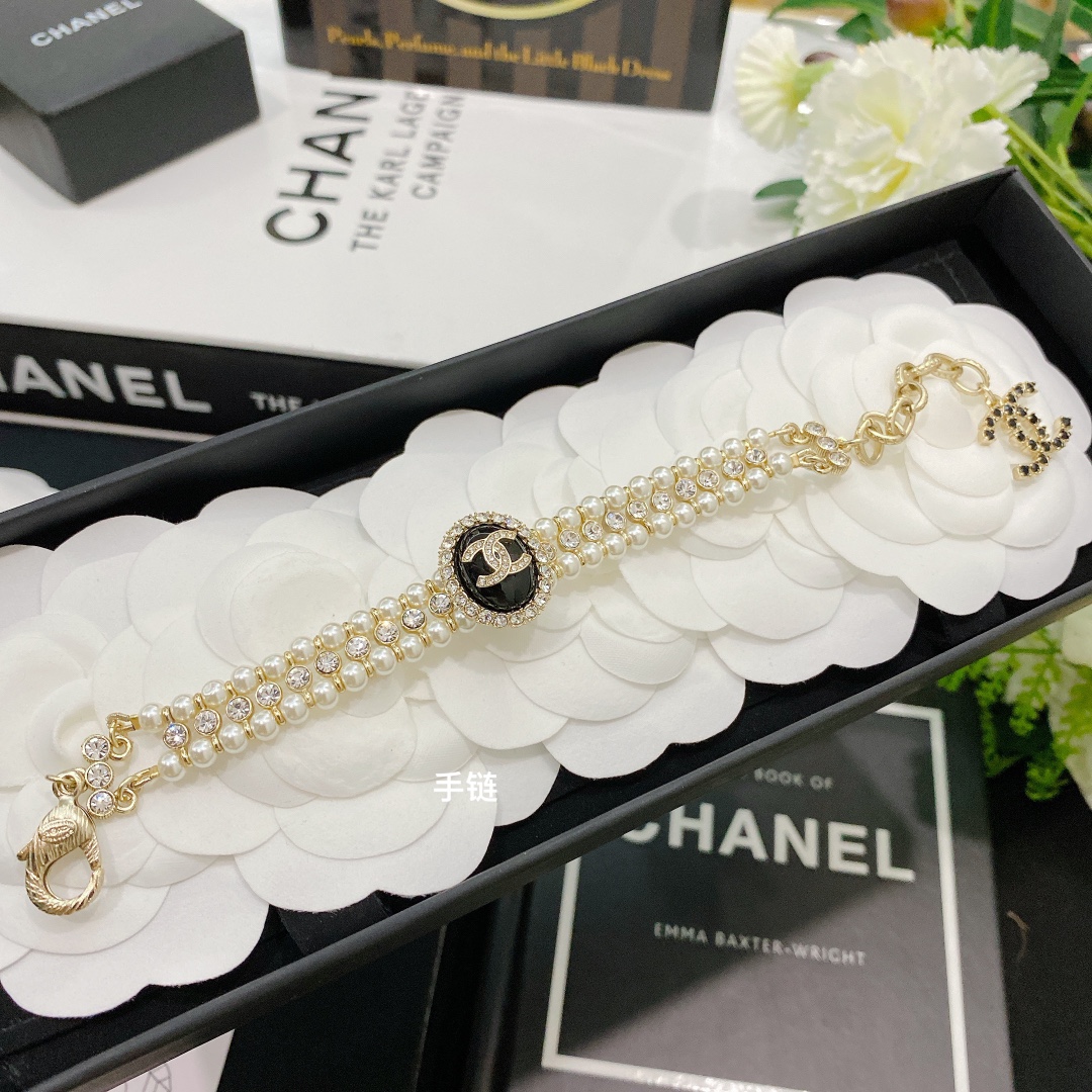 Chanel 3 Rows Pearl Rhinestone Bracelet Earrings Choker Necklace - Best Replica Jewelry™