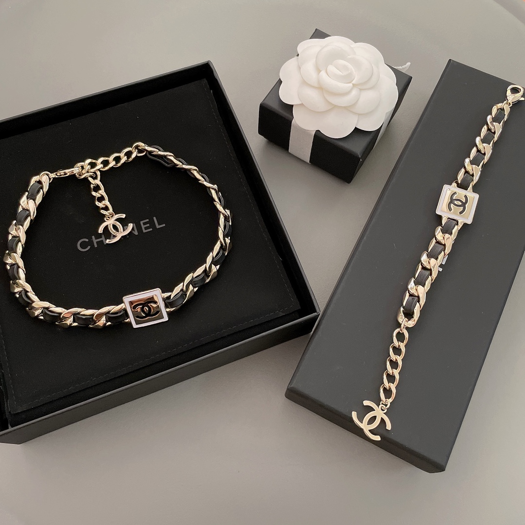 Chanel Leather Gold Chain Bracelet Choker Necklace - Best Replica Jewelry™