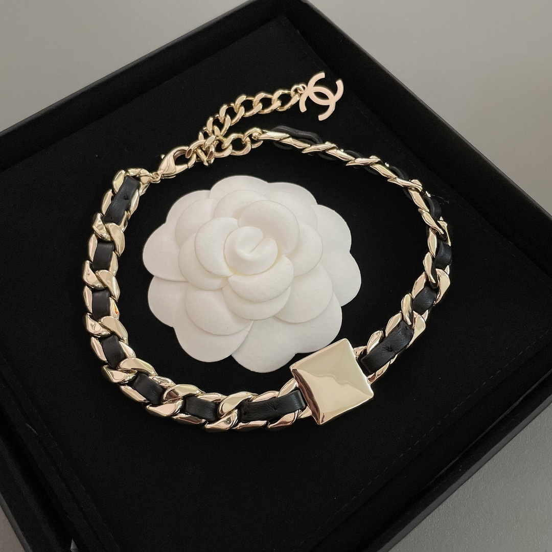 Chanel Leather Gold Chain Bracelet Choker Necklace - Best Replica Jewelry™