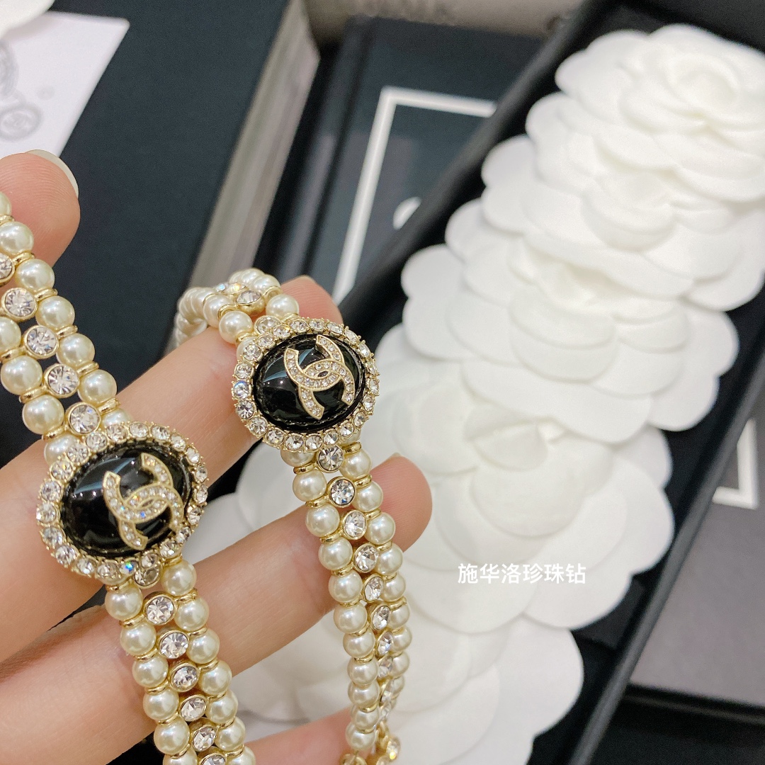 Chanel 3 Rows Pearl Rhinestone Bracelet Earrings Choker Necklace - Best Replica Jewelry™