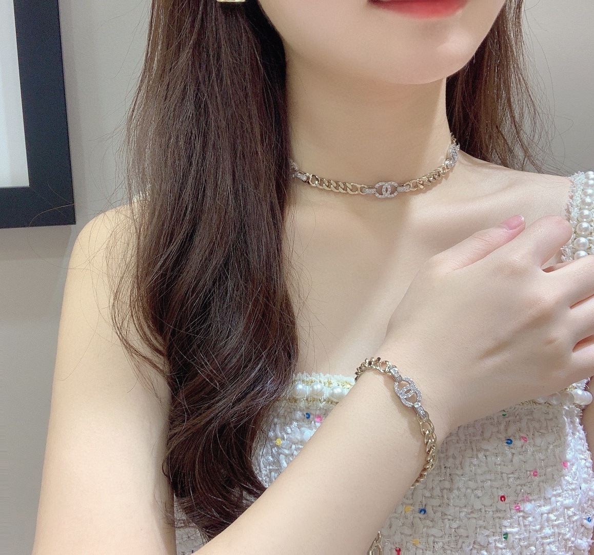 Chanel Mixed Color Cuban Chain Bracelet Earrings Choker Necklace - Best Replica Jewelry™