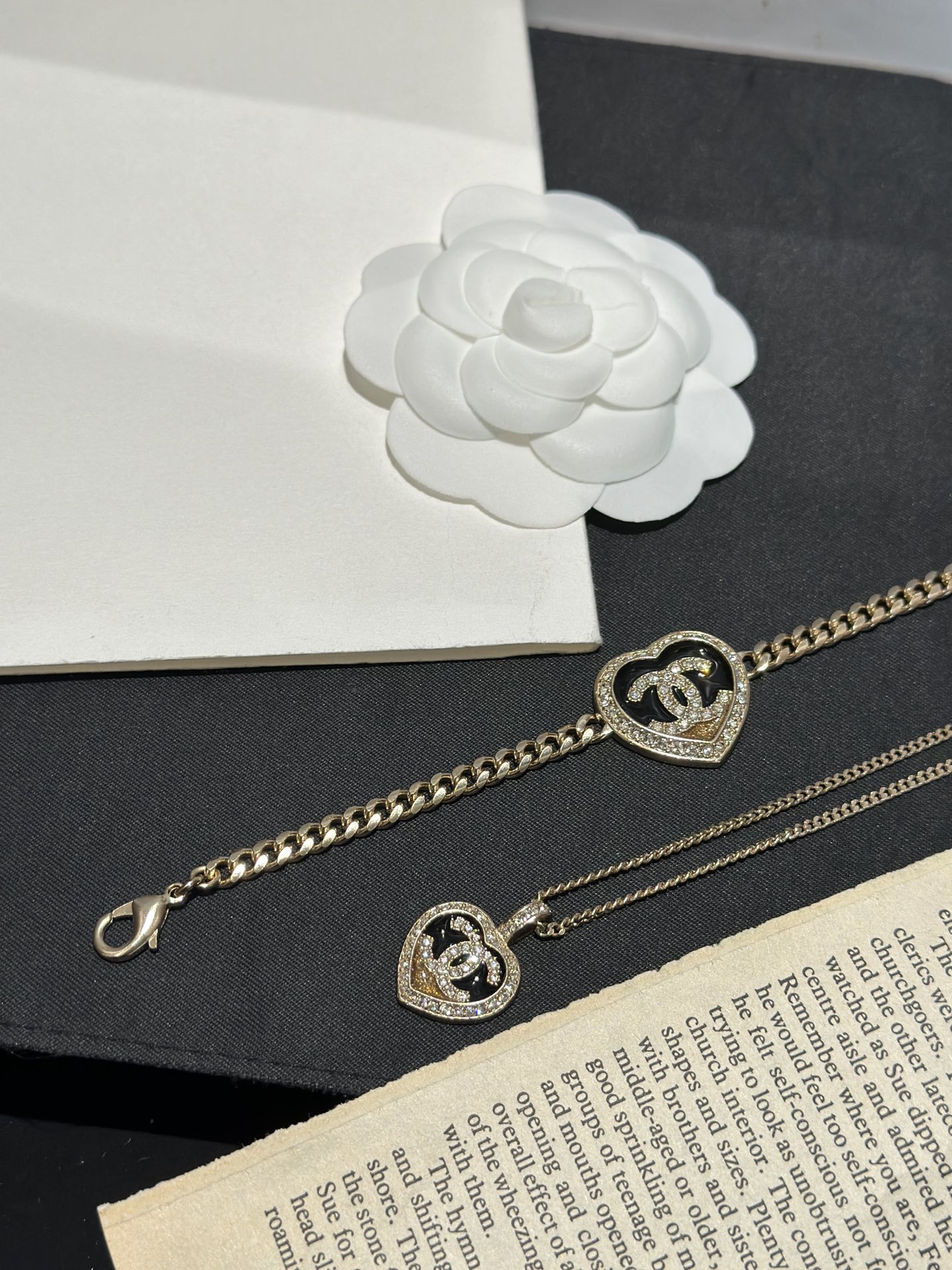 Chanel Colorblock Gold Black Heart Bracelet Earrings Necklace - Best Replica Jewelry™