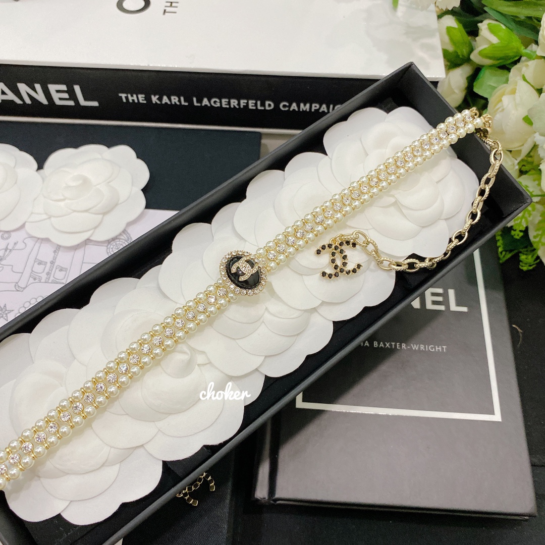 Chanel 3 Rows Pearl Rhinestone Bracelet Earrings Choker Necklace - Best Replica Jewelry™