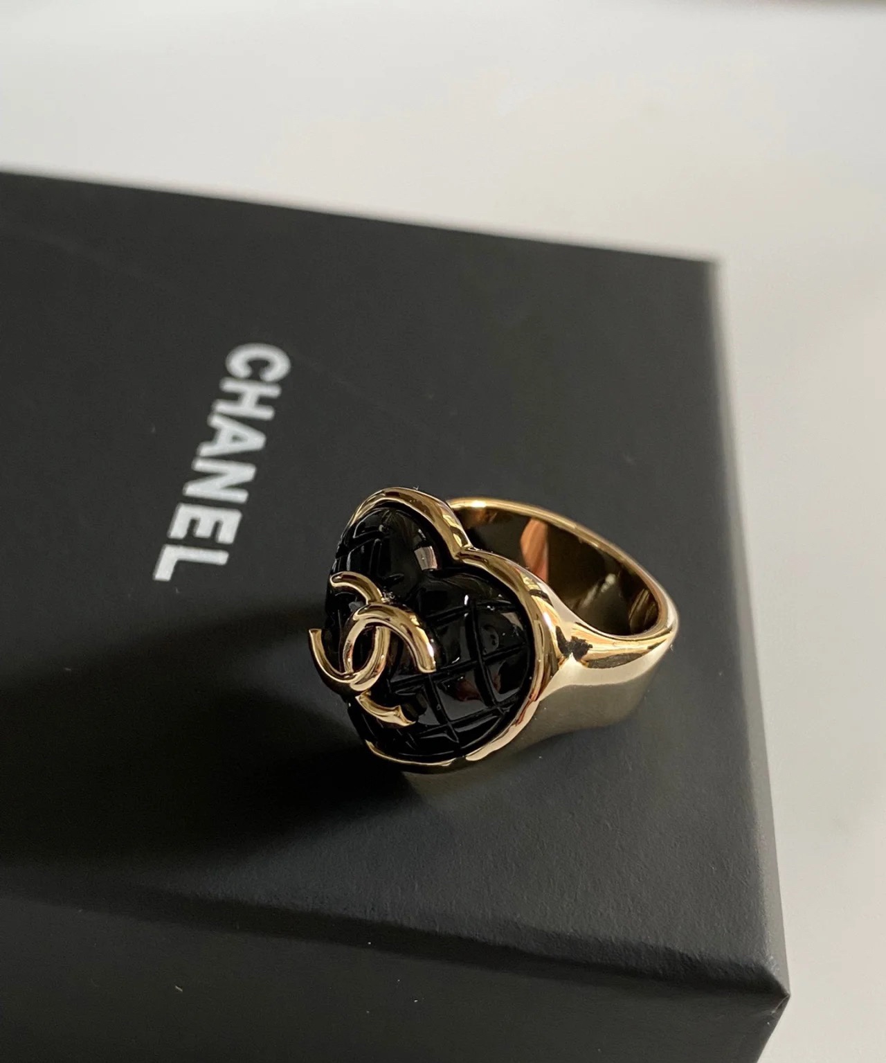 Chanel Large Quilted Black Heart Ring - Best Replica Jewelry™