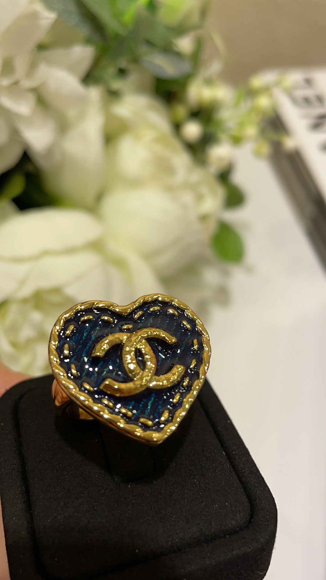 Chanel Vintage Denim Blue Heart Ring - Best Replica Jewelry™