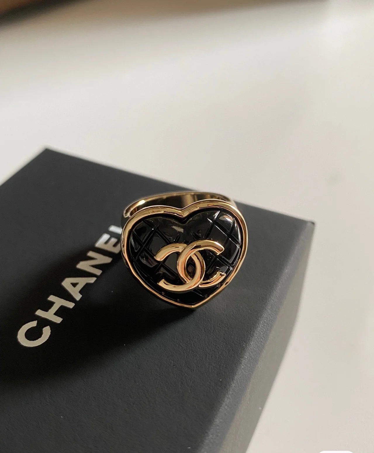 Chanel Large Quilted Black Heart Ring - Best Replica Jewelry™