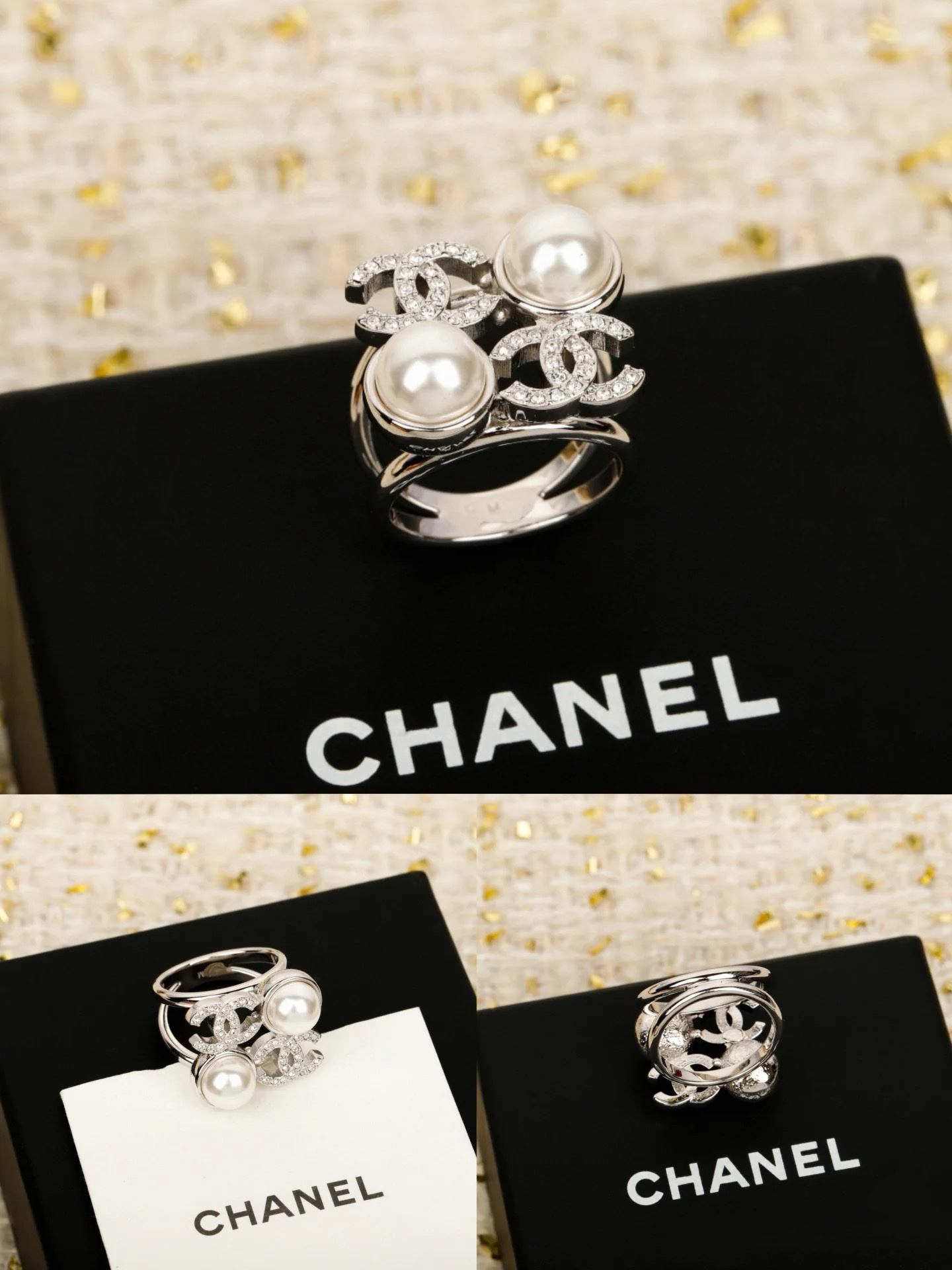 Chanel Two Pearls Coco Silver Ring - Best Replica Jewelry™
