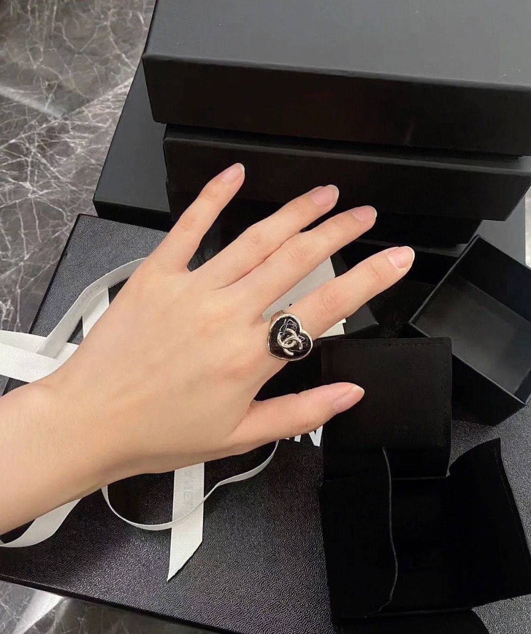 Chanel Large Quilted Black Heart Ring - Best Replica Jewelry™