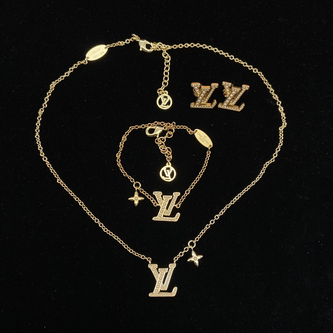Louis Vuitton LV Monogram Pendant Necklace Bracelet Earrings - Best Replica Jewelry™