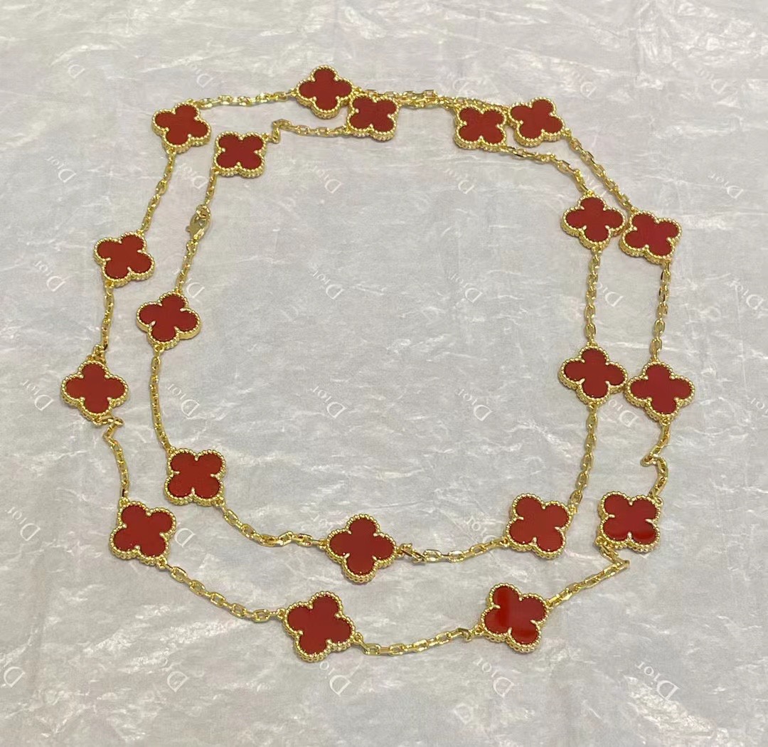 VCA Yellow Gold 20 Carnelian Clover Vintage Alhambra Long Necklace - Best Replica Jewelry™