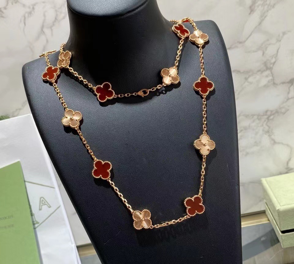 VCA Vintage Alhambra Rose Gold Mixed Carnelian Clover Long Necklace - Best Replica Jewelry™