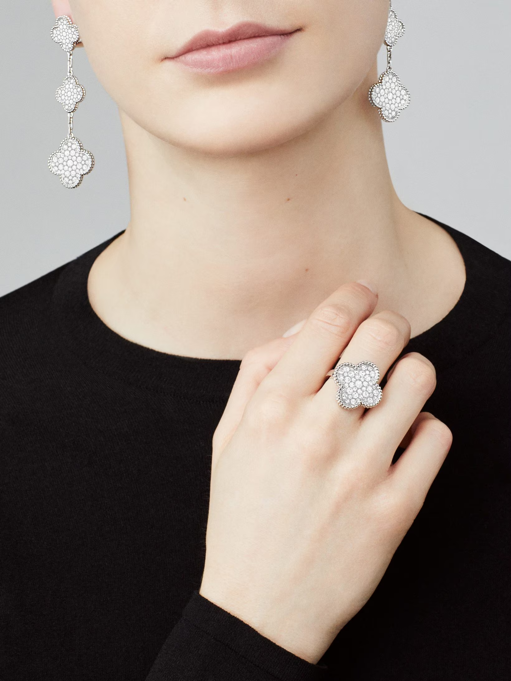 VCA Full Diamond Silver Magic Alhambra Ring - Best Replica Jewelry™