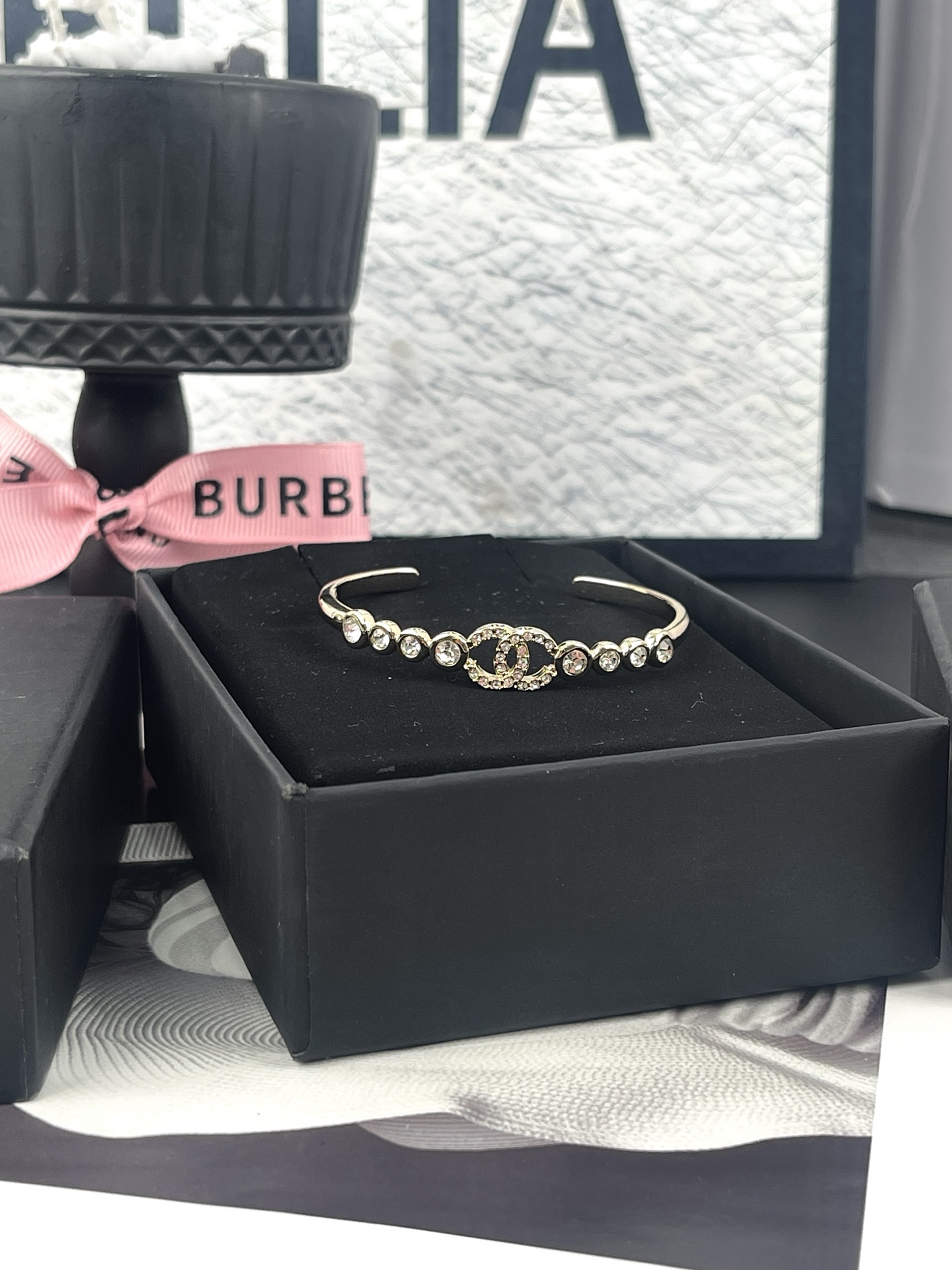 Chanel Rhinestone Open Cuff Bangle Bracelet