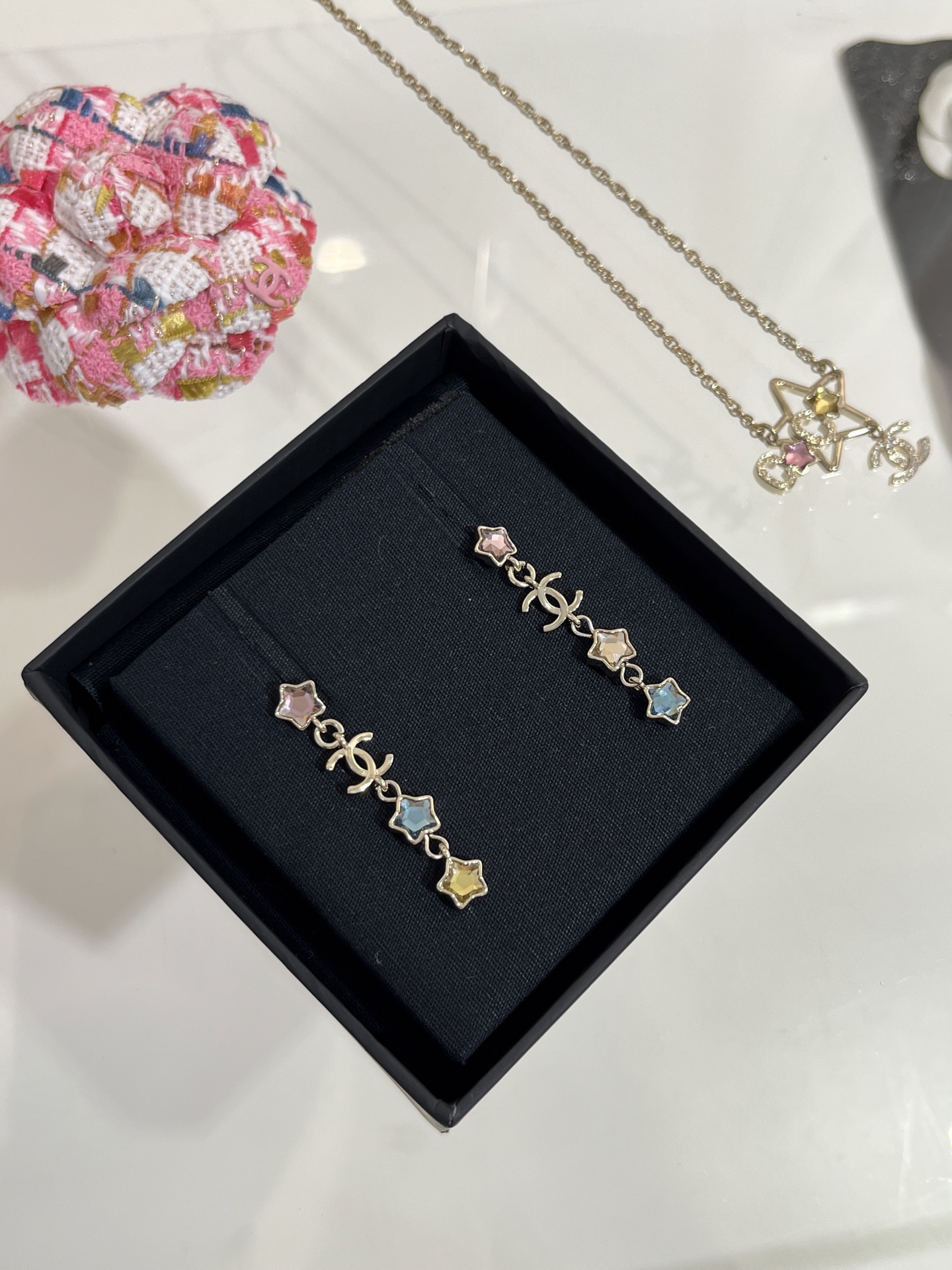 Chanel Asymmetric Colorful Crystal Star Tassel Earrings - Best Replica Jewelry™