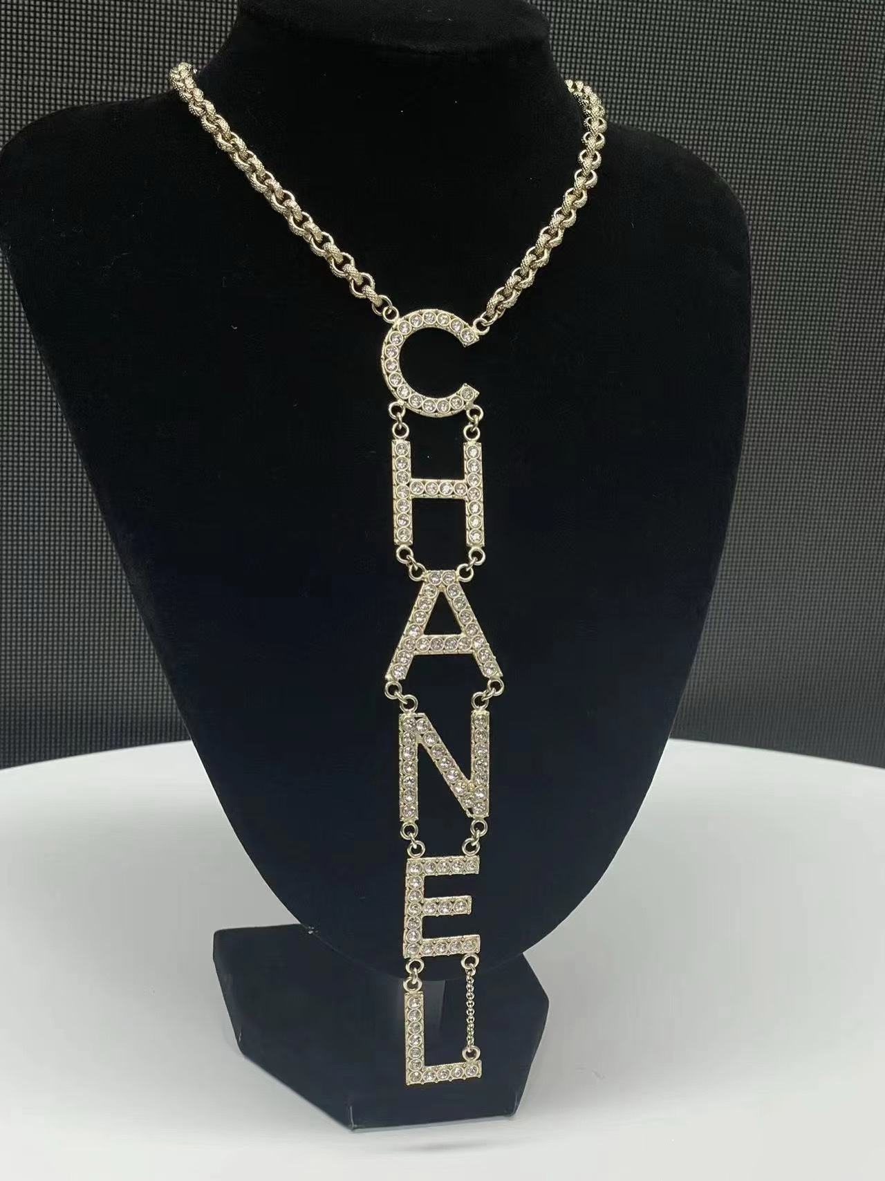 Chanel Light Gold Monogram Logo Drop Pendant Necklace - Best Replica Jewelry™