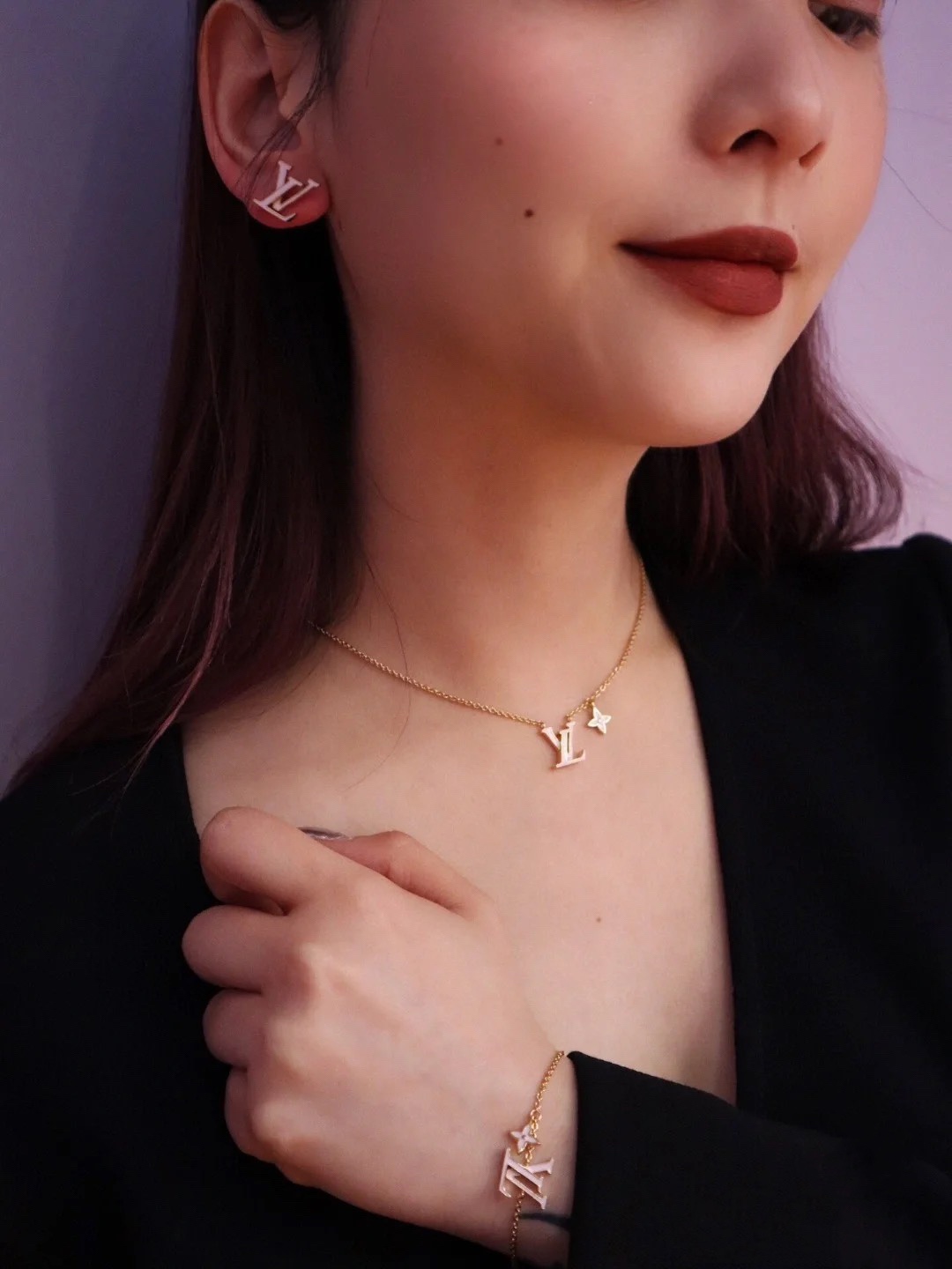 Louis Vuitton Pink LV Letters Earrings Bracelet Necklace - Best Replica Jewelry™