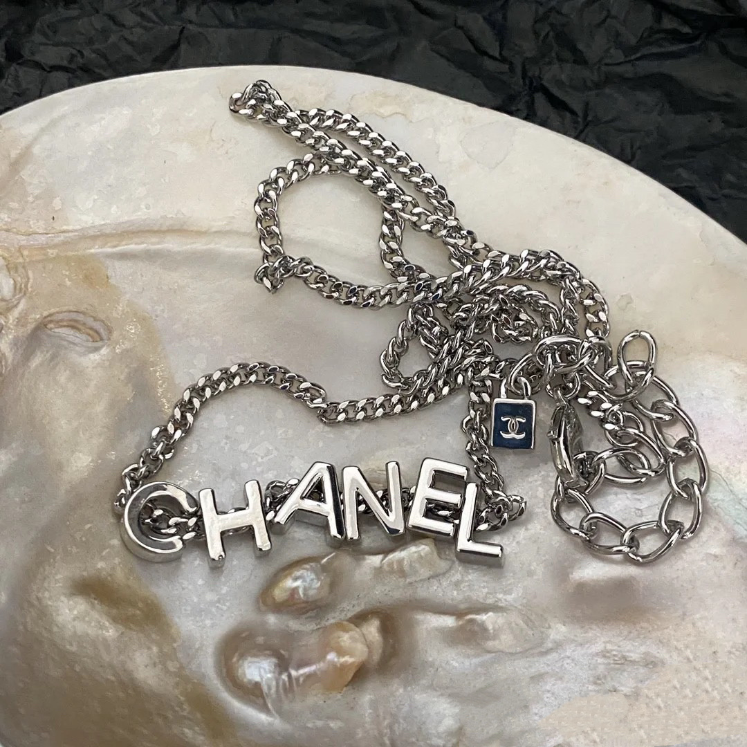 Chanel Unisex Silver Cuban Chain Monogram Necklace - Best Replica Jewelry™