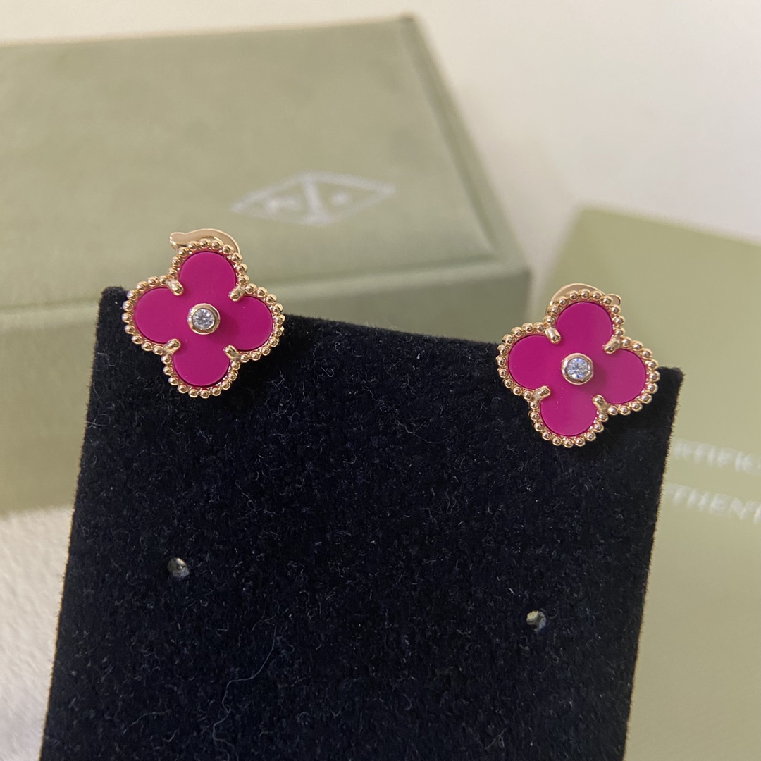 VCA Rose Red Diamond Alhambra Earrings - Best Replica Jewelry™