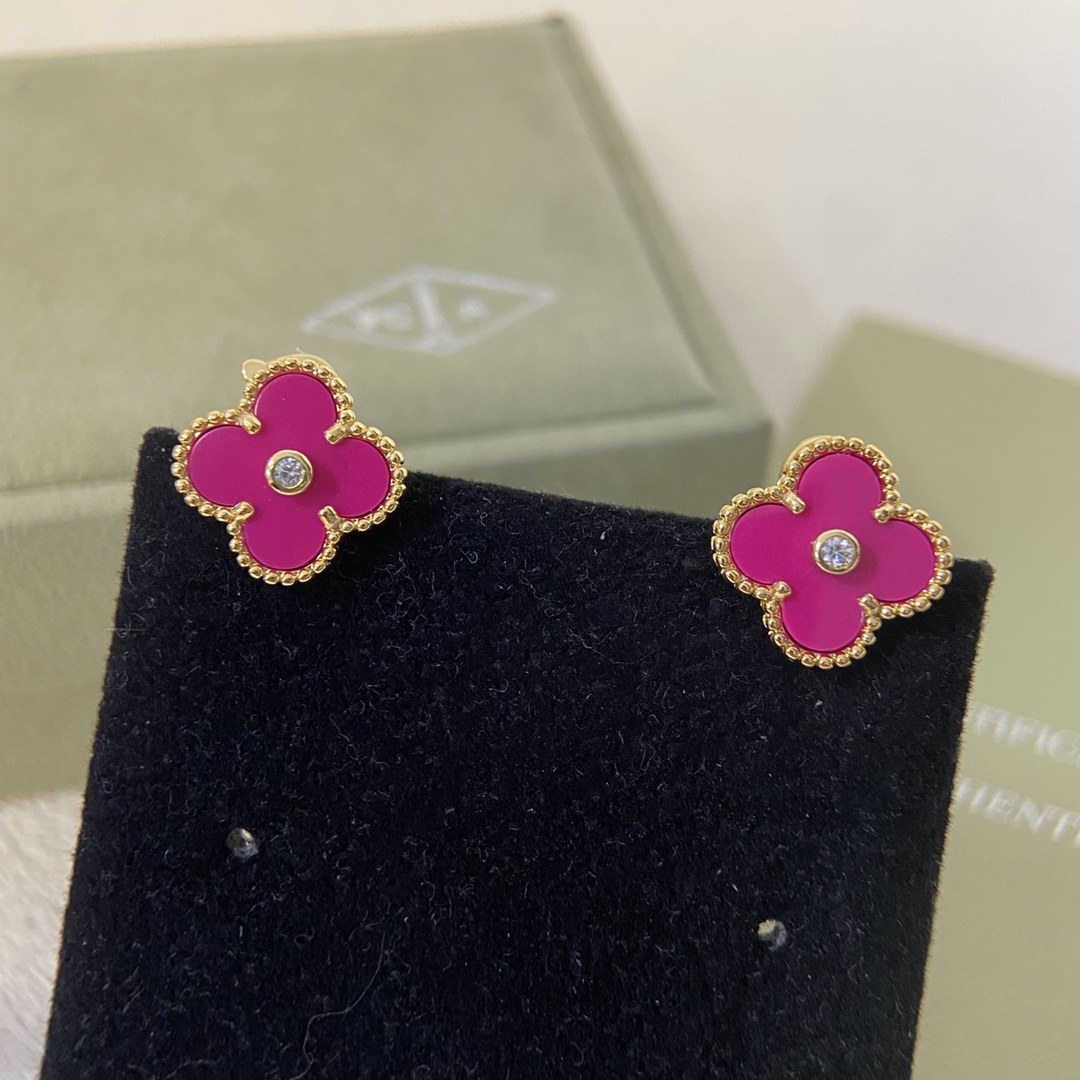 VCA Rose Red Diamond Alhambra Earrings - Best Replica Jewelry™