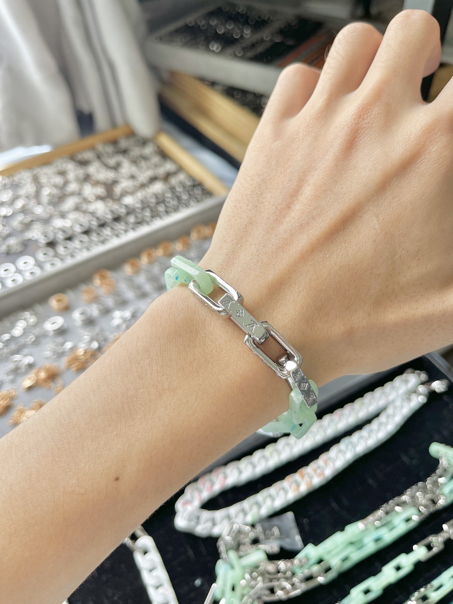 Louis Vuitton Green Silver Monogram Mens Bracelet - Best Replica Jewelry™