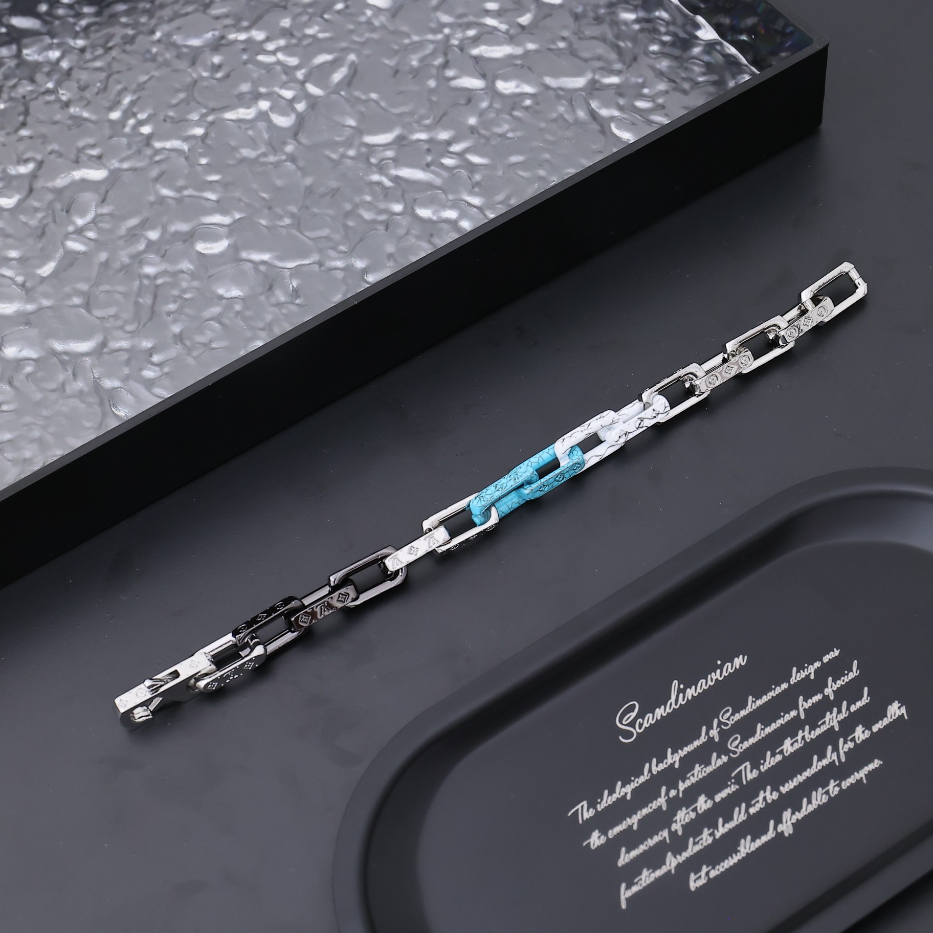 Louis Vuitton Silver Blue Black Colors Monogram Mens Bracelet - Best Replica Jewelry™