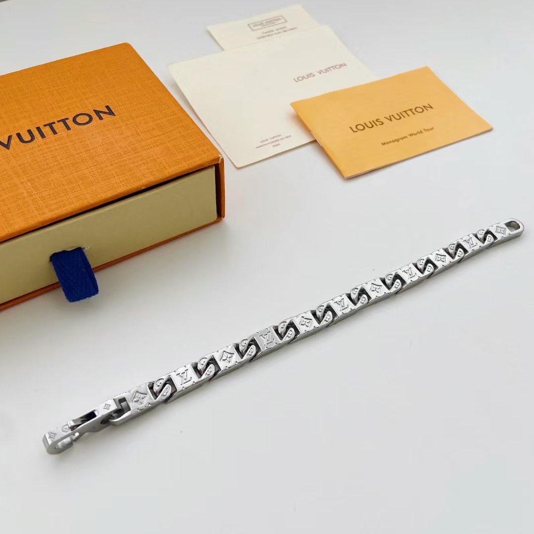 Louis Vuitton Silver Monogram Mens Bracelet - Best Replica Jewelry™