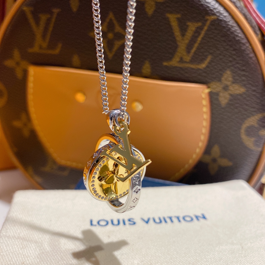 Louis Vuitton Two-Sided Silver Gold Round Rotating Pendant Necklace - Best Replica Jewelry™