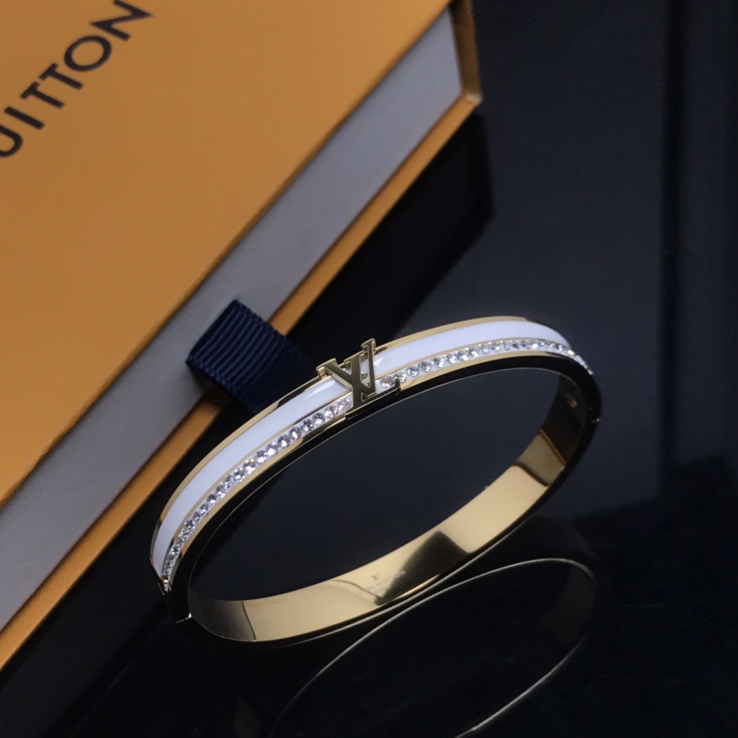 Louis Vuitton White Enamel Diamond LV Bangle Bracelet - Best Replica Jewelry™