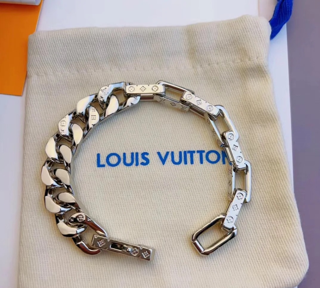 Louis Vuitton Silver Chunky Mixed Cuban Chain Mens Bracelet - Best Replica Jewelry™