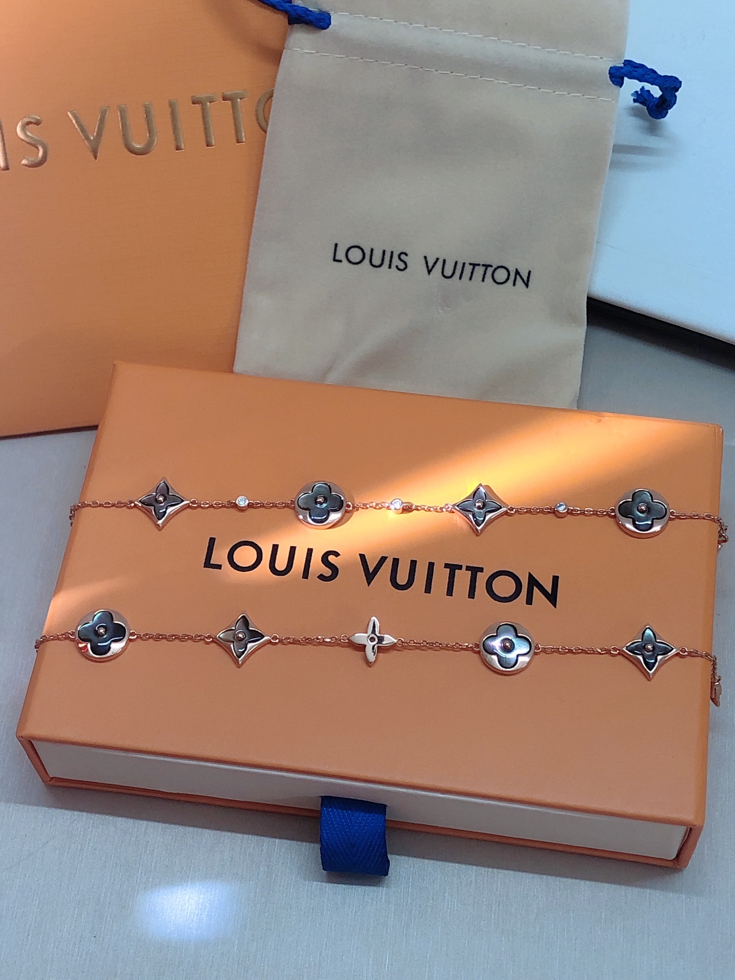 Louis Vuitton Rose Gold Gray Mother of Pearl Earrings Bracelet Necklace - Best Replica Jewelry™