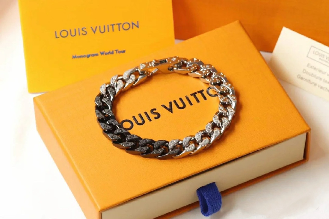 Louis Vuitton Silver Black Cuban Monogram Mens Bracelet - Best Replica Jewelry™