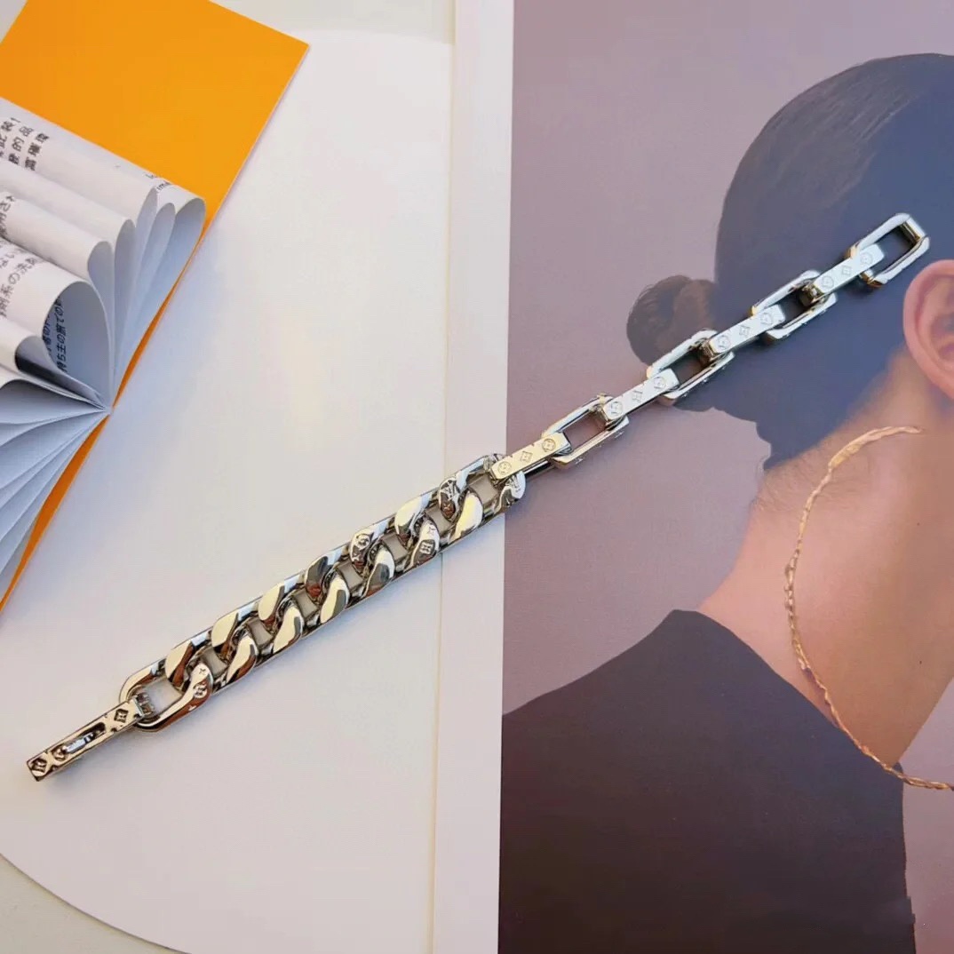 Louis Vuitton Silver Chunky Mixed Cuban Chain Mens Bracelet - Best Replica Jewelry™