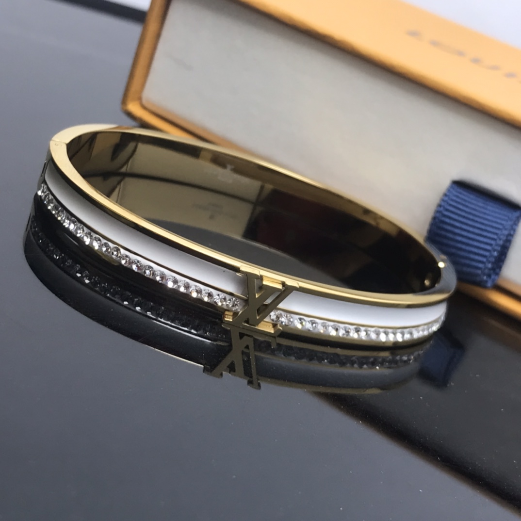 Louis Vuitton White Enamel Diamond LV Bangle Bracelet - Best Replica Jewelry™