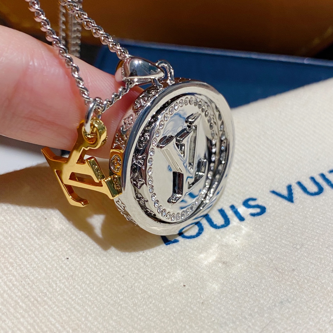 Louis Vuitton Two-Sided Silver Gold Round Rotating Pendant Necklace - Best Replica Jewelry™