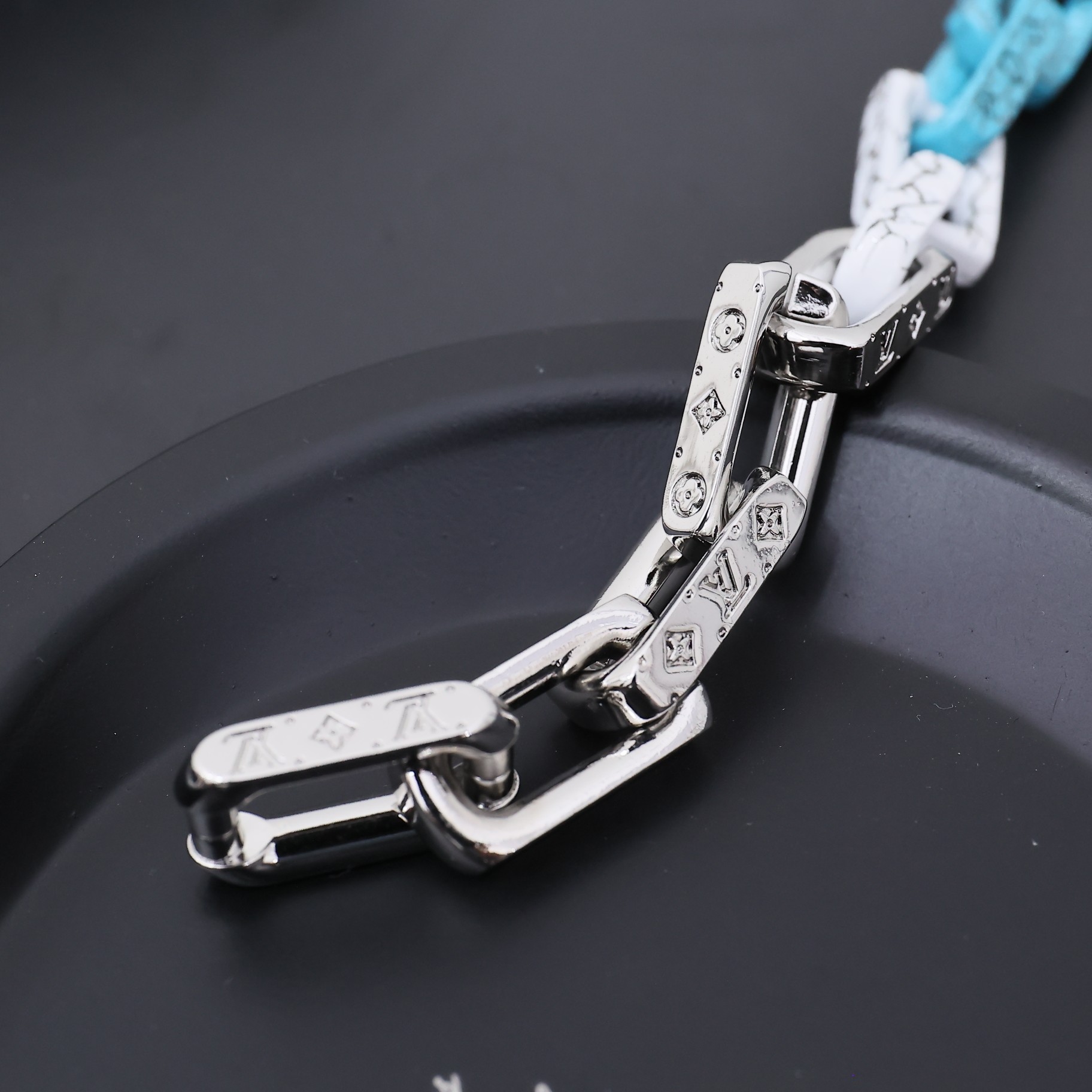 Louis Vuitton Silver Blue Black Colors Monogram Mens Bracelet - Best Replica Jewelry™