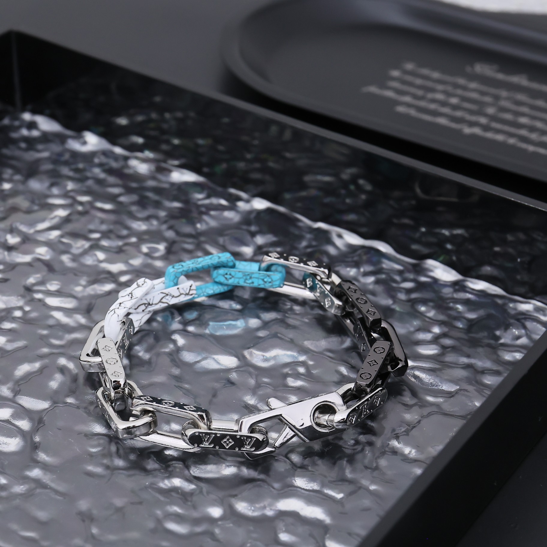Louis Vuitton Silver Blue Black Colors Monogram Mens Bracelet - Best Replica Jewelry™